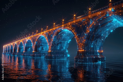 High-Speed Train Journey Through a Futuristic Landscape 3D Low Poly Illustration with Black Isolation and Blue Particles on Rail Bridge – Concepts Include Transport, Tourism, Logistics, and Traveling © UniqueGallery