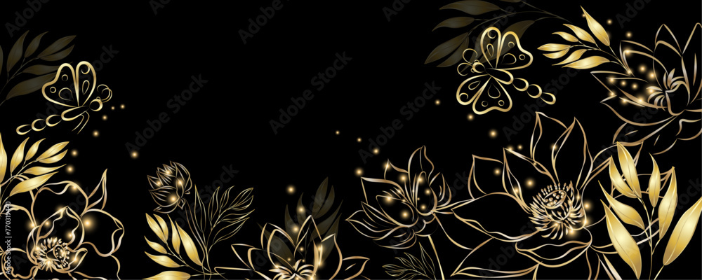 Golden botany banner. Japanese style Hand drawn vector. Line art style design. Oriental Chinese and Japanese style abstract background design with butterfly and insect decorate in gold color texture.