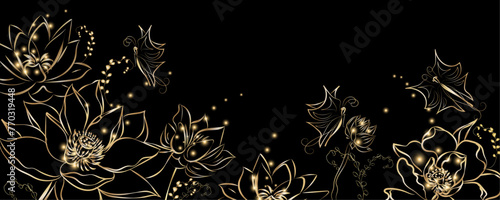 Golden botany banner. Japanese style Hand drawn vector. Line art style design. Oriental Chinese and Japanese style abstract background design with butterfly and insect decorate in gold color texture.