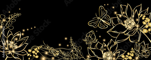 Golden botany banner. Japanese style Hand drawn vector. Line art style design. Oriental Chinese and Japanese style abstract background design with butterfly and insect decorate in gold color texture.