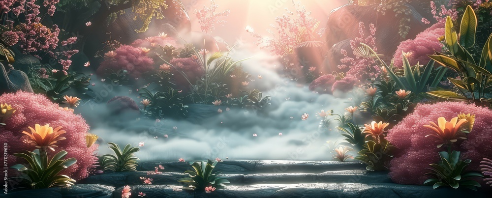 Fototapeta premium Avant-garde 3D for product render of an abstract, geometrically fragmented podium garden with holographic, fractal-patterned plants swirling in a dynamic, digital wind magic forest art background