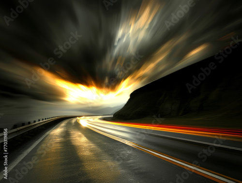 A road with a bright orange sun in the sky. The sky is dark and stormy. The road is wet and the sun is shining through the clouds
