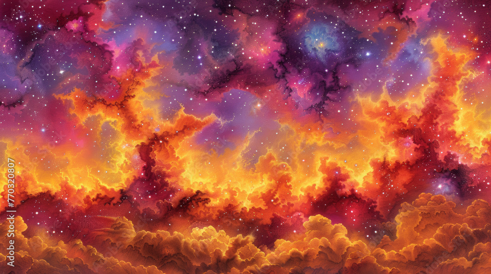 A painting of a colorful sky with orange clouds and stars. The painting has a dreamy and peaceful mood, with the orange clouds and stars creating a sense of wonder and awe