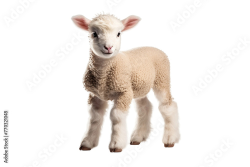 Small Sheep Standing on Top of White Floor. On a White or Clear Surface PNG Transparent Background.