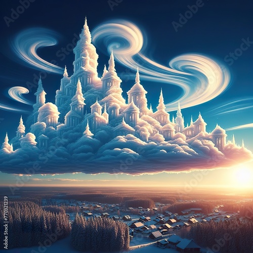 Lightly colored cloud sculpted into the shape of a fantasy Christmas town in the clear blue sky