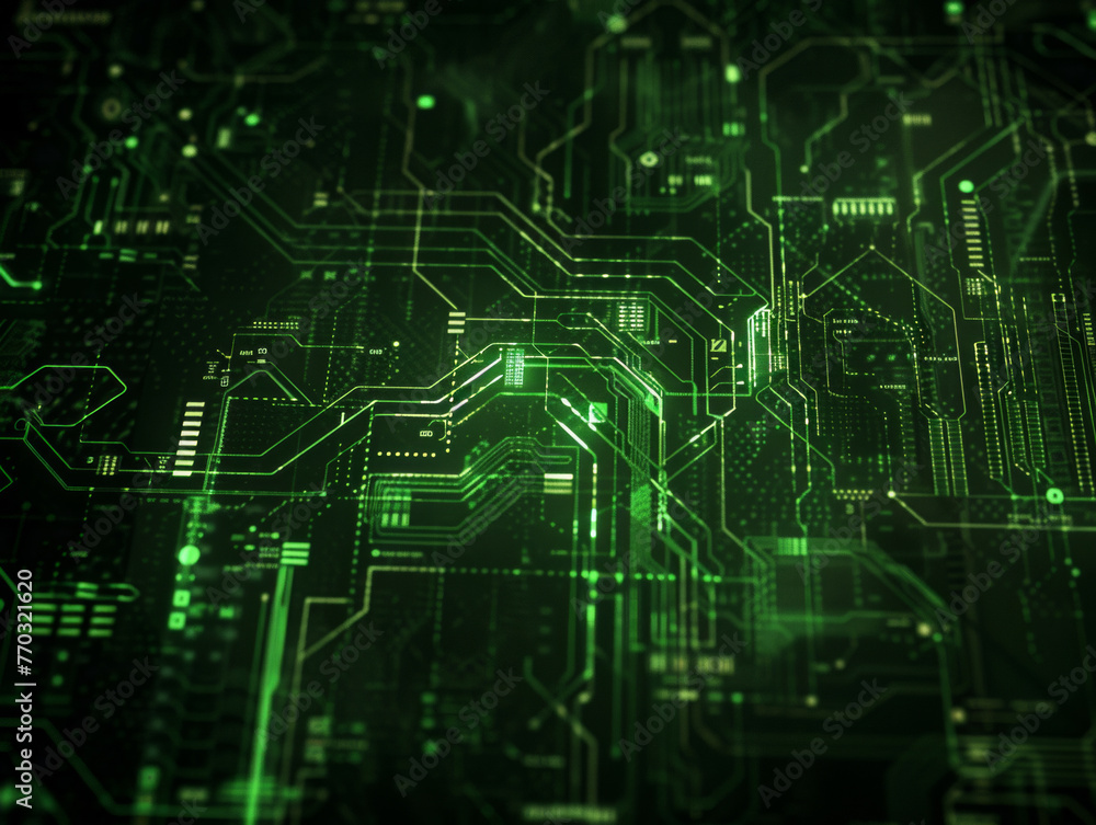 A green image of a circuit board with many small squares and lines. Concept of complexity and technology