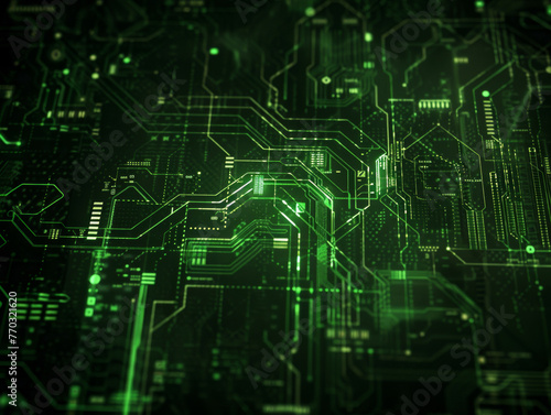 A green image of a circuit board with many small squares and lines. Concept of complexity and technology