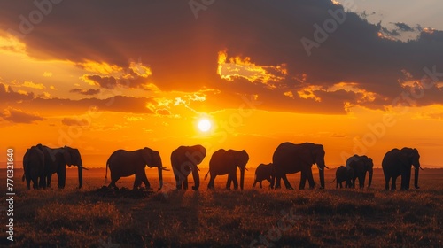 A herd of elephants silhouetted against a dramatic sunset in the African savanna