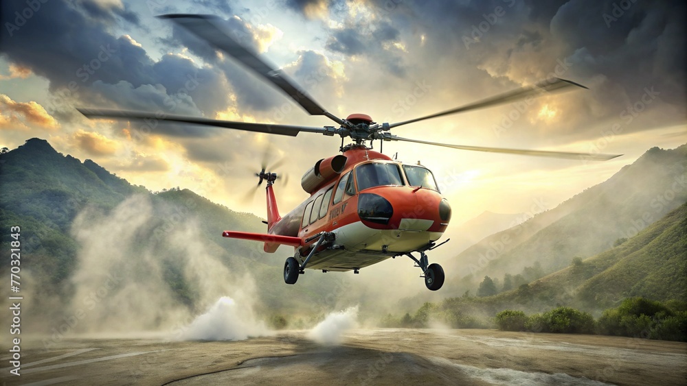 A bright helicopter in flight. Dynamic helicopter flight: colorful photo. Helicopter above the clouds: photos in bright colors. A colorful photo of a helicopter in flight. Helicopter on a 