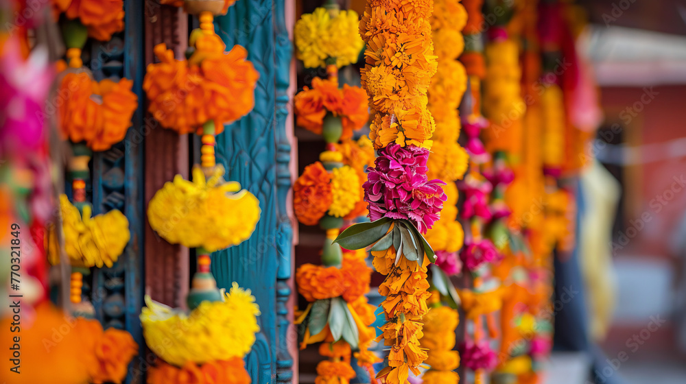 Traditional Indian marigold flower garlands hung against a brightly painted blue wall, used in festivities and rituals