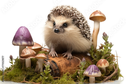 Hedgehog Sitting on Log Surrounded by Mushrooms. On a White or Clear Surface PNG Transparent Background.