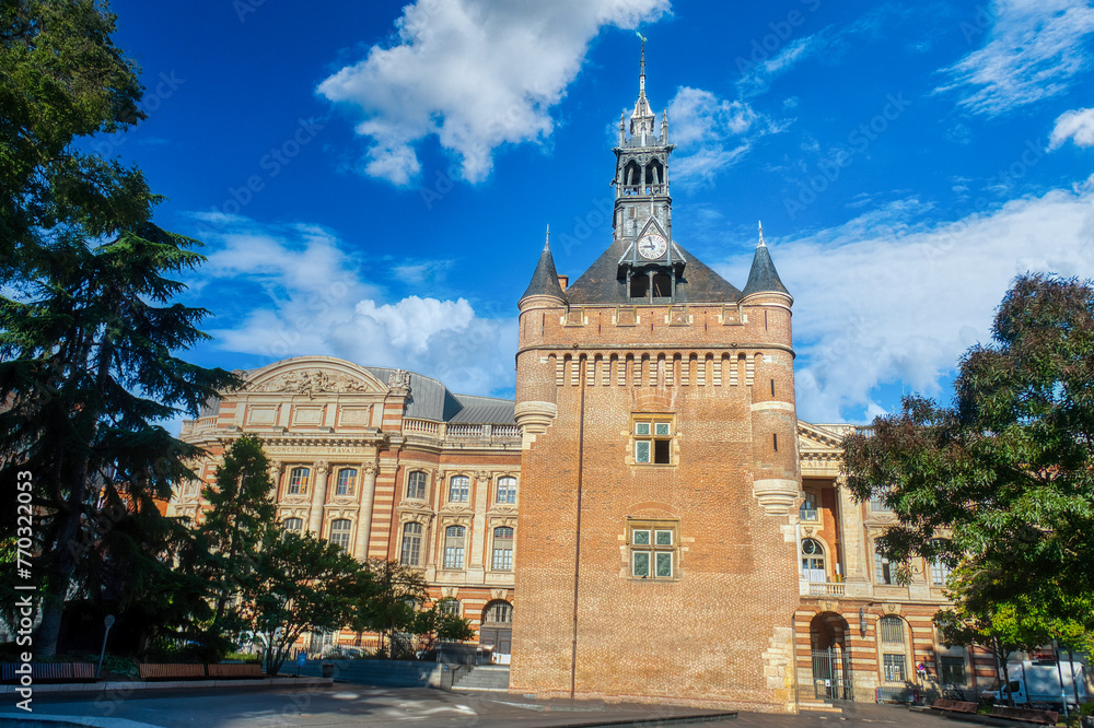 Obraz premium Toulouse is the capital of the Occitania region in southern France. It is divided by the Garonne River and is located near the border with Spain. It is known as La Ville Rose