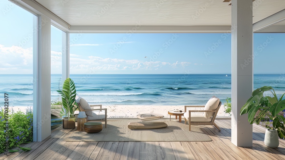 Fototapeta premium Sea View Beach Living 3D Rendering: A 3D rendering representing life on the sea view beach.