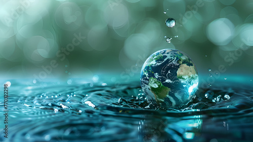 Earth globe embedded in water drops. World water drop earth ecology day. Water dropping earth in a pool of water. Earth water splash drop conservation illustration concept 