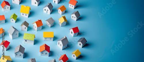 Diverse Suburban Dreams: Colorful Paper Houses Scattered Across a Blue Background, Ideal for Real Estate Websites and Marketing Materials with Space for Company Logo and Icons