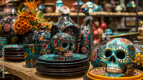 An array of vibrantly painted ceramic skulls and pottery displayed, showcasing traditional Mexican Day of the Dead crafts