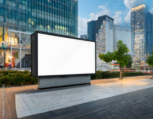 Large horizontal blank advertising poster billboard banner mockup in front of building. Generative AI.