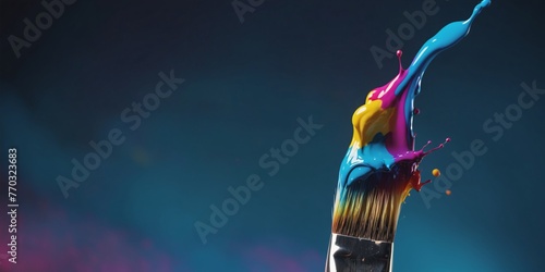 A close-up photo of a paintbrush with bristles loaded with a splash of colorful paint against a blue background. photo