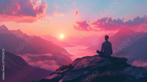 A serene scene of an individual meditating on a mountain peak during a vibrant sunrise, embodying peace and mindfulness. © Nattanon