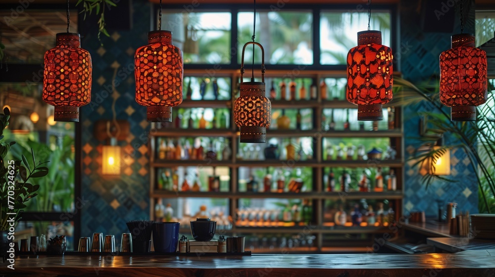 Warmly Lit Moroccan Lanterns in a Modern Bar Interior