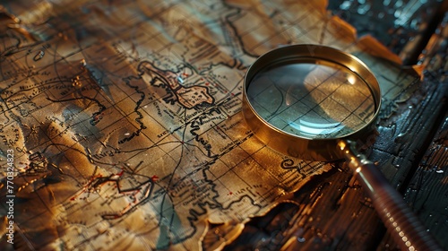 A magnifying glass inspecting a tick mark on a treasure map, hinting at a hidden location. --ar 16:9 Job ID: b19d9b04-7622-456f-bb89-eb9884eb696a