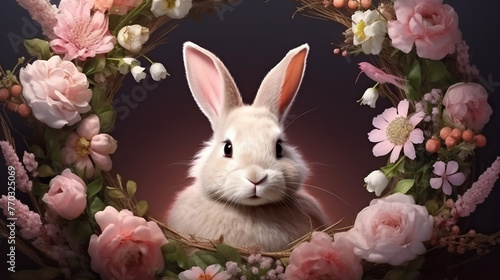 Rabbit in a frame of flowers.