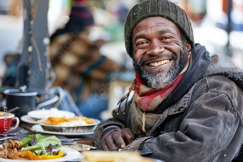 Smiling homeless man with a beard sitting outside with a meal.