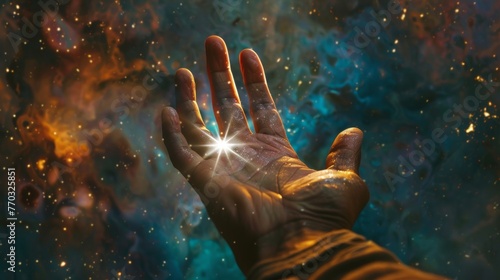 A metaphoric depiction of self-improvement with a hand reaching up to grasp a shining star.  photo