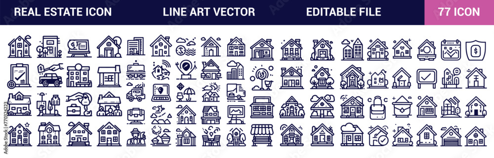 Real Estate icon set.Real Estate - set of thin line vector icons, realty, property, mortgage, home loan, and more. Outline icons collection. Simple vector illustration