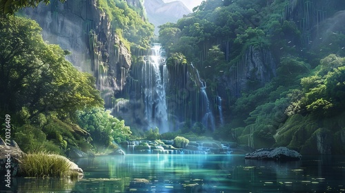 A majestic waterfall cascading down lush green cliffs into a crystal-clear pool.