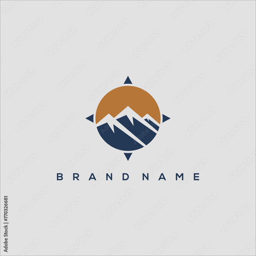 sun mountain and compass in circle adventure travel logo vector sun mountain and compass in circle adventure travel logo vector