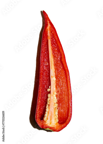 A close-up of the inside of a red kapia pepper cut in two photo