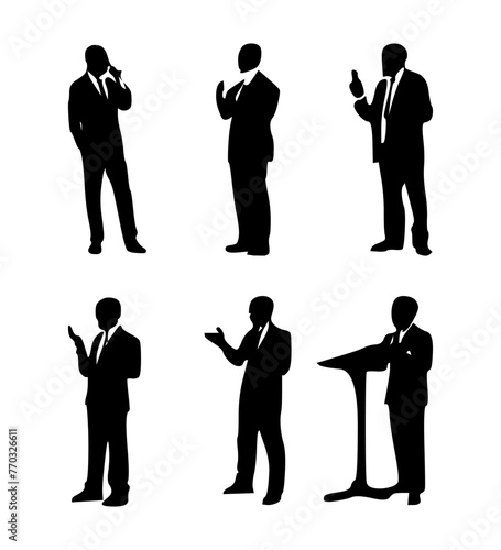 set of silhouettes of public speakers on isolated background