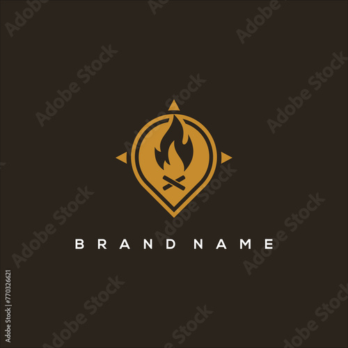map pin campfire and compass logo design vector