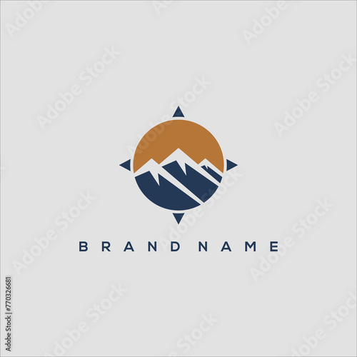 sun mountain and compass in circle adventure travel logo vector
