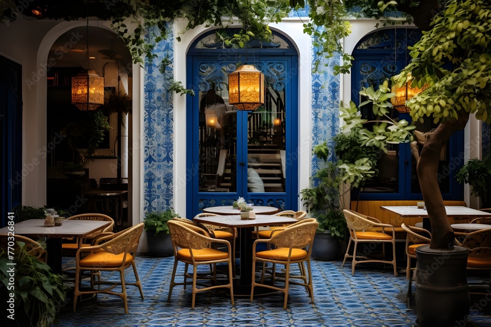 Fototapeta premium Artistic Ambiance: Contemporary Thai Restaurant in Hanoi Blends Folk-Inspired Motifs with Spanish School Elegance