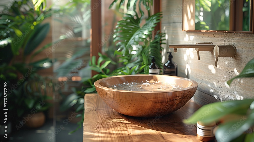Modern Wooden Bathroom Sink with Running Water in Lush Greenery Setting Modern Wooden Bathroom Sink with Running Water in Lush Greenery Setting