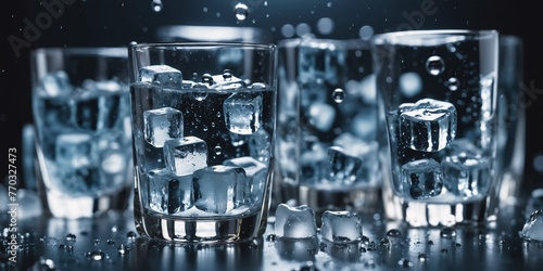 Glasses of Water with Ice Cubes on a Table. A photo of glasses filled with water and ice cubes sitting on a table. Light creates condensation on the outsides of th