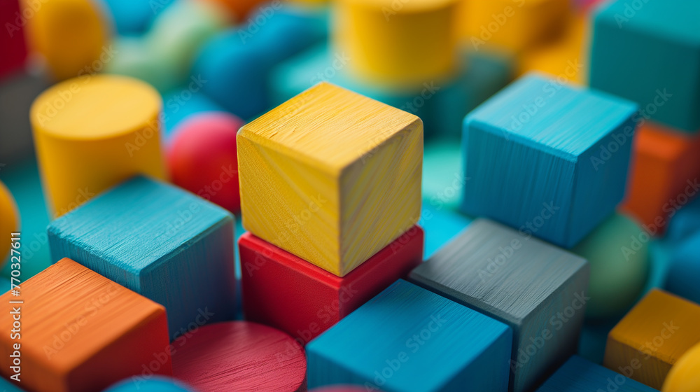 Colorful toy building blocks are displayed on a blue background
