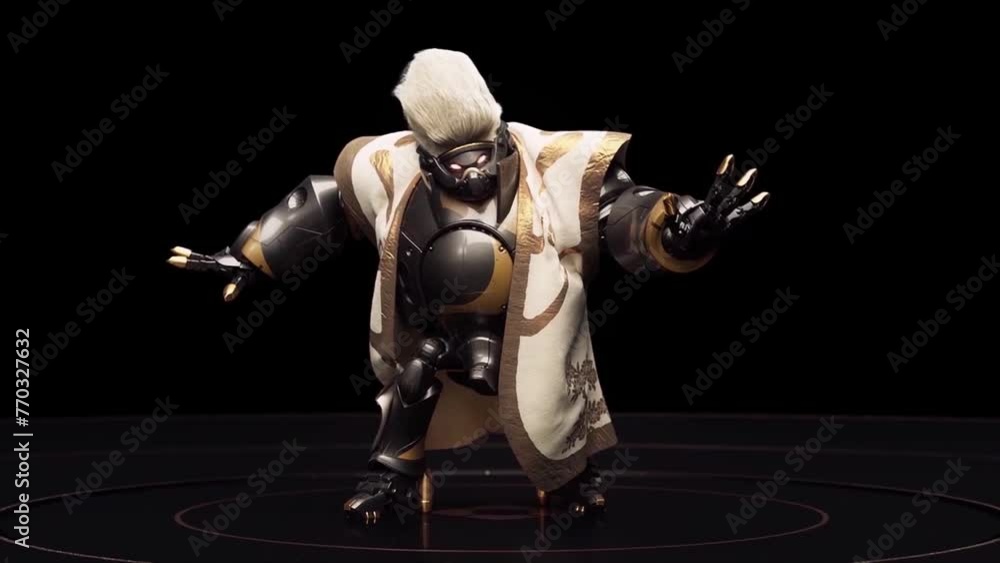 The combat robot dances and shakes its hair The combat robot dances and shakes its hair