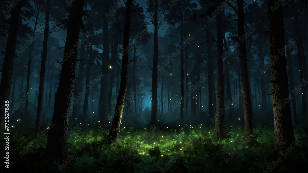 forest in the night with fireflies 