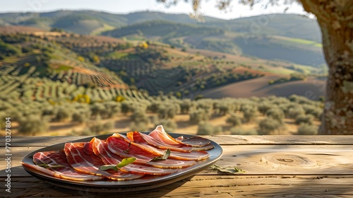 Delicious prosciutto and melon on a rustic plate with a scenic countryside view. Perfect for al fresco dining. Ideal for food blogs and travel websites. Captured with natural light. AI