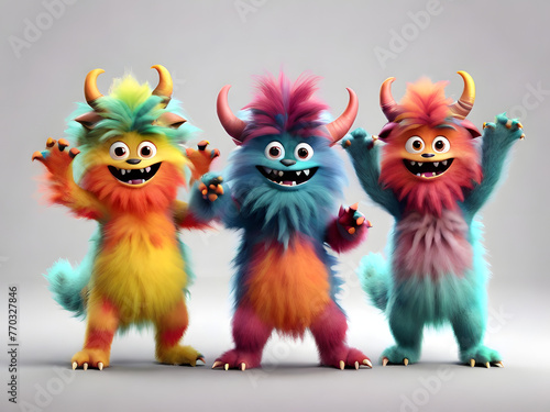 "A Collection of Watercolorful Furry and Cute Monsters Dancing and Waving in 3D Render Character Cartoon Style, Isolated on Transparent Background for High-Quality, Highly Detailed Fun and Playful Ill