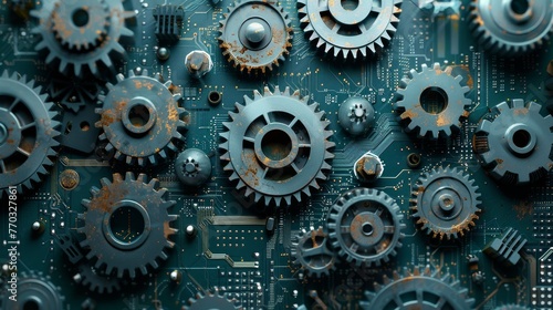A network of gears and cogs interwoven with circuit boards, symbolizing the complex machinery of technology.  photo