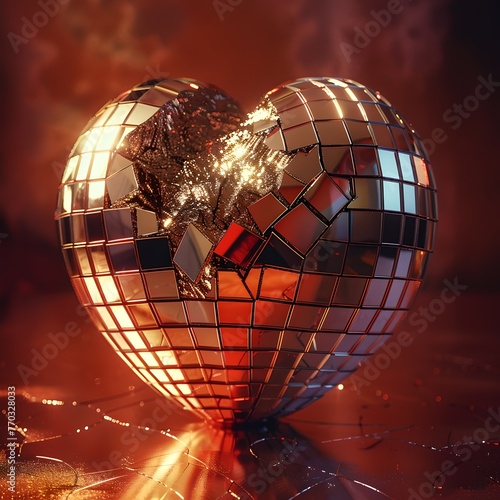 Shattered heart mirror ball in flames on dark background, symbolizing broken love. Contemporary art style, perfect for themed events. AI