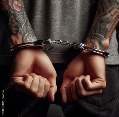 Close up of tattooed arms and hands  in handcuffs behind back created with artificial intelligence