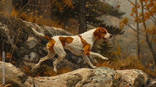 Accompanied by his faithful foxhound, the hunter traverses the rugged terrain, their synchronized movements a testament to their years of partnership in the pursuit of quarry 