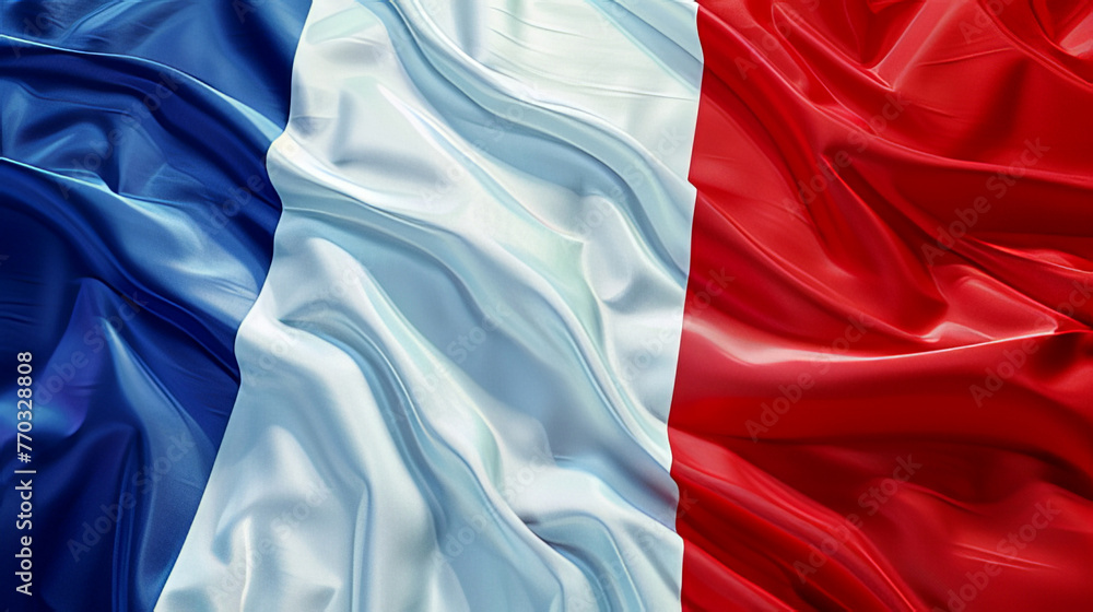 The national flag of France has silk and fabric textures. Blue, white, and red three vertical stripes flag 