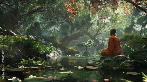 A peaceful scene of a monk meditating in a tranquil garden, achieving inner peace as a reward. 