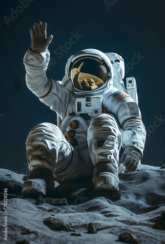 An astronaut sitting on the moon surface and waving hand photo